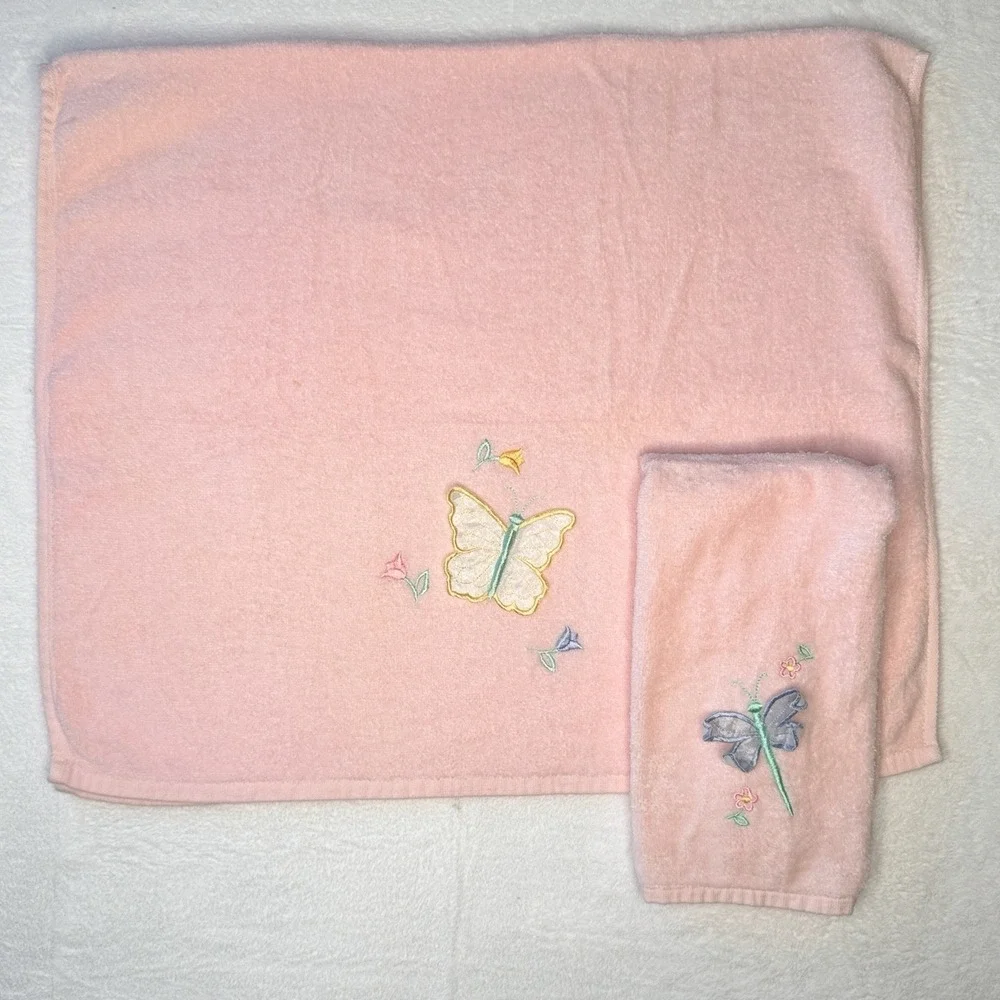 VTG‎ Pink Butterfly Embroidered Bath & Hand Towel Set Cottagecore Coquette Decor
